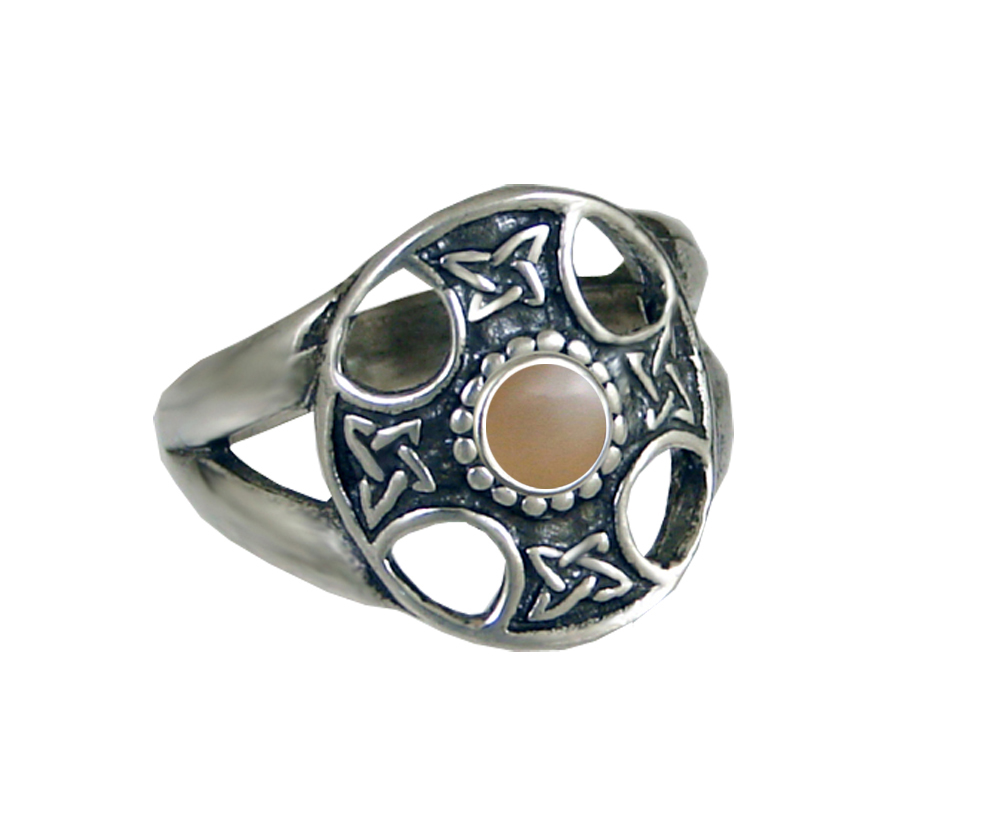 Sterling Silver Celtic Solar Cross Ring With Peach Moonstone Size 7